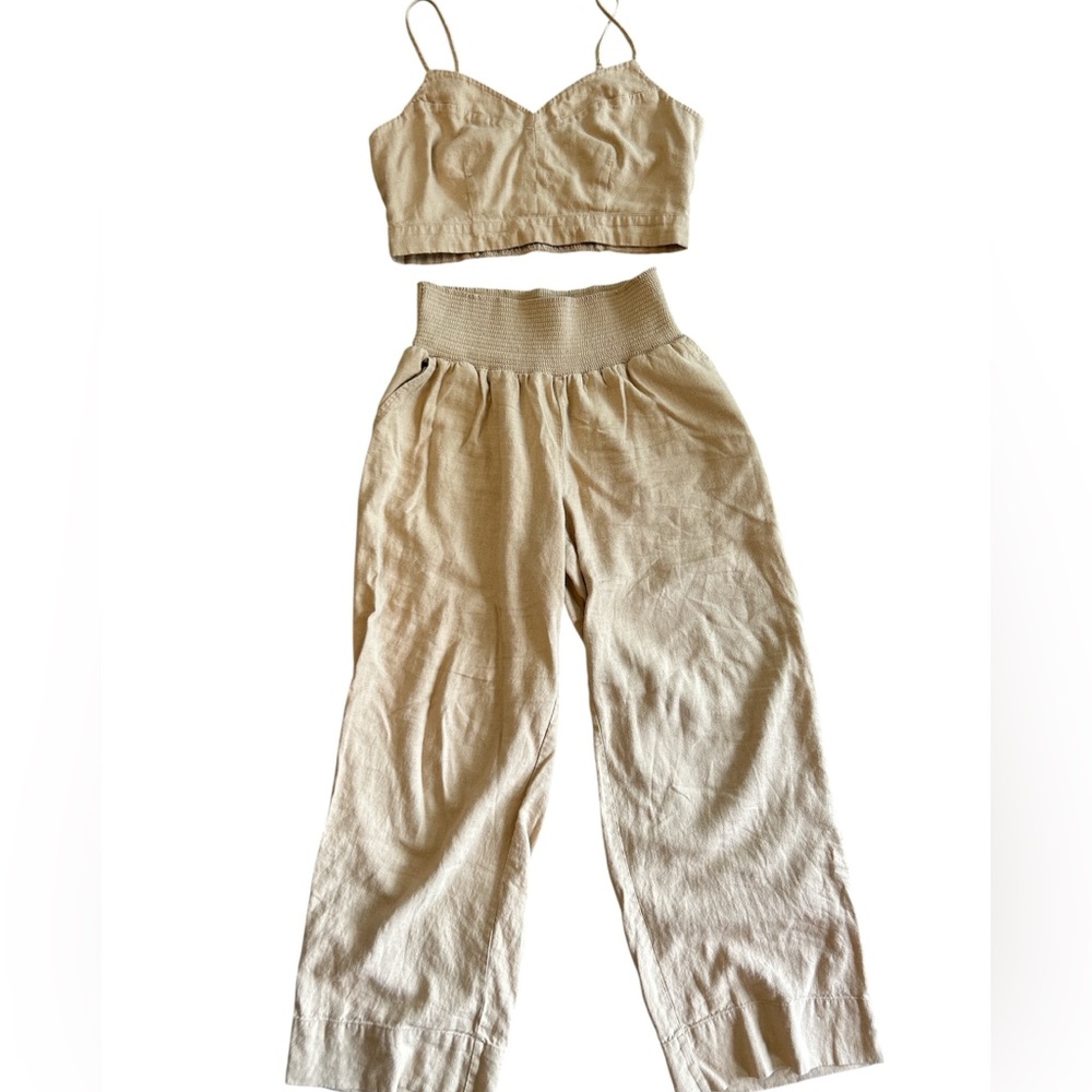 Isabel Maternity Tan Beige Linen Wide Leg Pant Matching Set with Crop Top